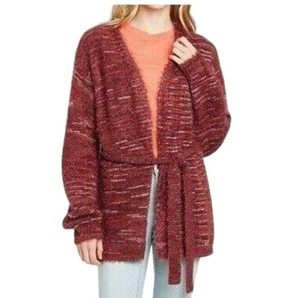 Knox Rose Sweaters - Knox Rose Burgundy‎ Space Dye Eyelash Knit Belted Cardigan Sweater Womens XL